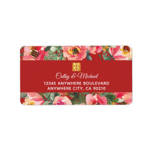 Etiqueta Pink flower background double happiness symbol