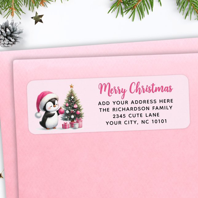 Etiqueta Pink Merry Christmas Cute Penguin Elegant Moderno (Subido por el creador)