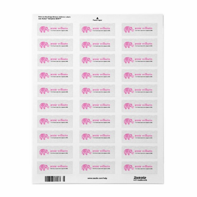Etiqueta Pink Paisley Elephant Illustration (Hoja Entera)