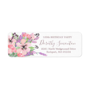 Etiqueta Pink Purple Floral 100th Birthday Return Address