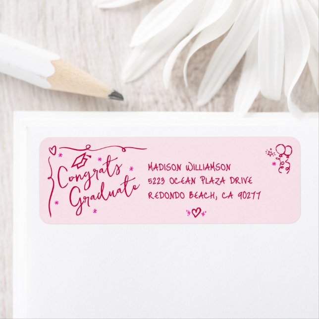 Etiqueta Pink Red Hand Drawn Doodle Graduation Fun Address (In situ)