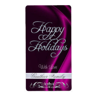 Etiqueta Pink Satin Silver Scroll Happy Holidays Wine