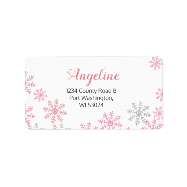Etiqueta Pink Silver Winter snowflakes Address Label (Frente)