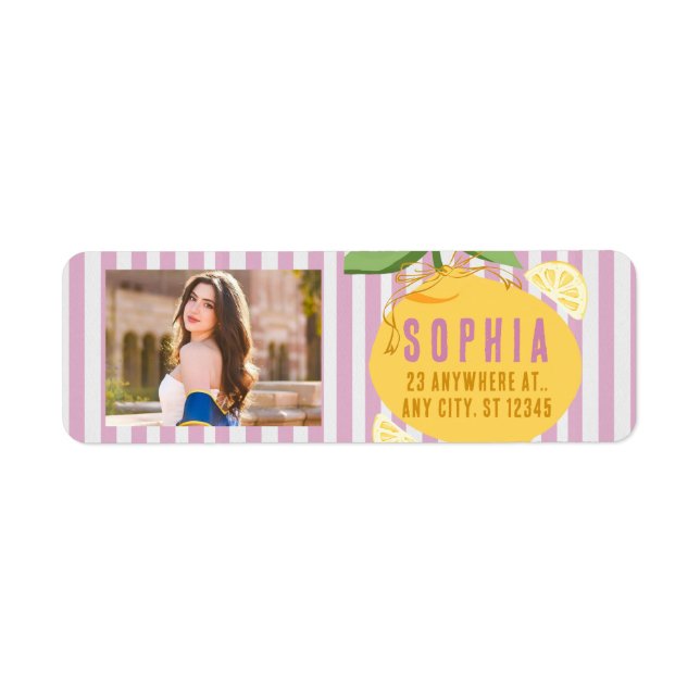 Etiqueta Pink Stripes Lemons Yellow Bow Grad Labels Floral (Frente)