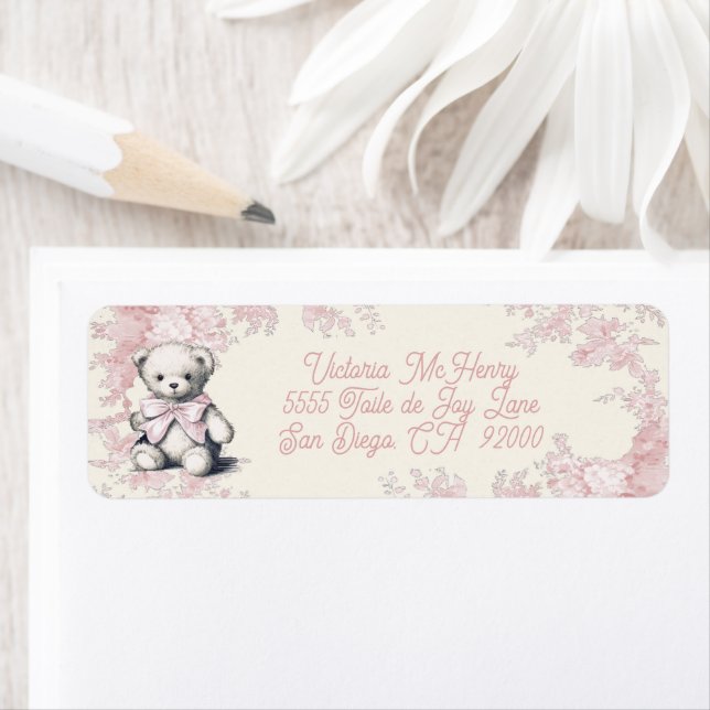 Etiqueta Pink Toile Teddy Bear Baby Shower (In situ)