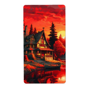 Etiqueta Pintura de atardecer con cabaña y lago-66633