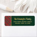 Etiqueta Plaid Gold Foil Script Christmas Return Address<br><div class="desc">Red and Green Plaid Gold Foil Script Christmas Return Address labels featuring our modern typography of Merry Christmas in faux gold foil on a festive holiday background plaid of red, green, white, and stripes of more faux gold foil, set at a cozy angle. Designed by Cedar & String; please contact...</div>