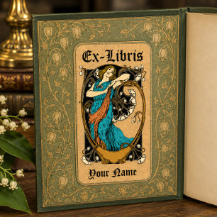 Etiqueta Plantilla de Ex Libris de Mujer Flores Art Nouveau