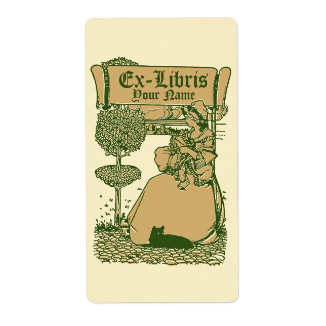 Etiqueta Plantilla de niña y gato Ex Libris Art Nouveau (Frente)