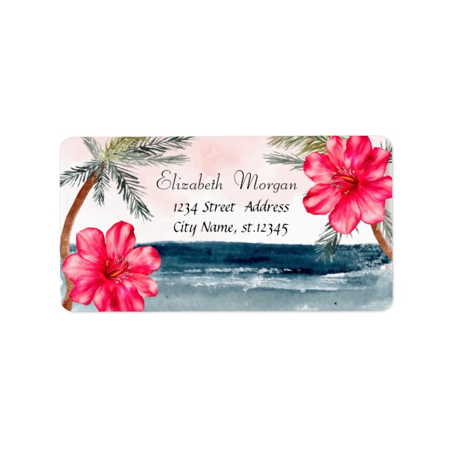 Etiqueta Playa de acuarela, palmeras, hibiscus (Frente)