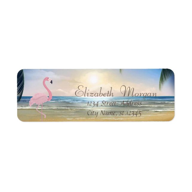 Etiqueta Playa, Sunset, Palmeras, Flamingo Rosa (Frente)
