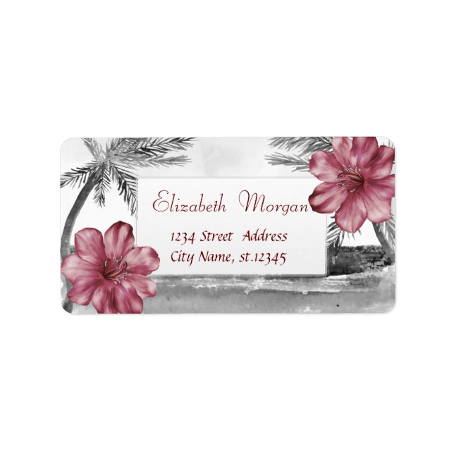 Etiqueta Playa tropical, palmeras, Hibiscus (Frente)