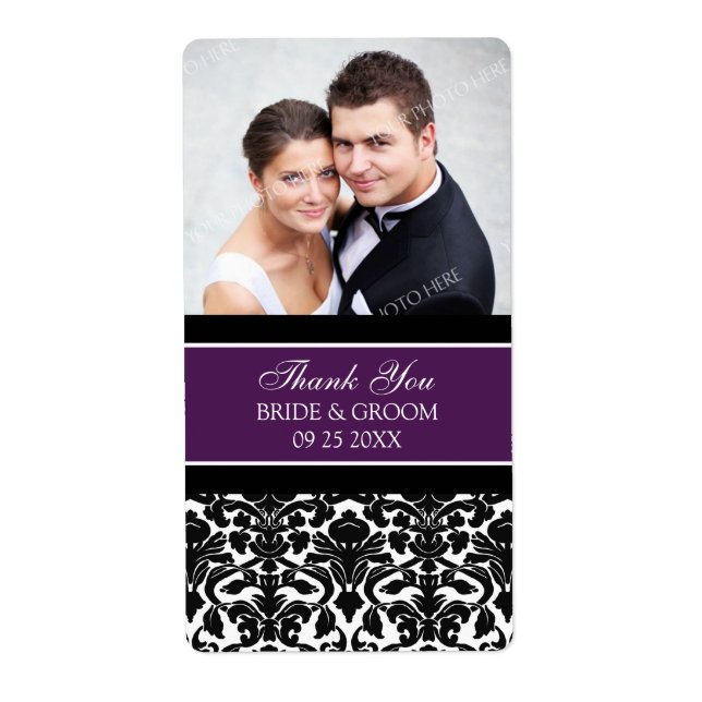 Etiqueta Plum Black Damask Photo Wedels (Frente)