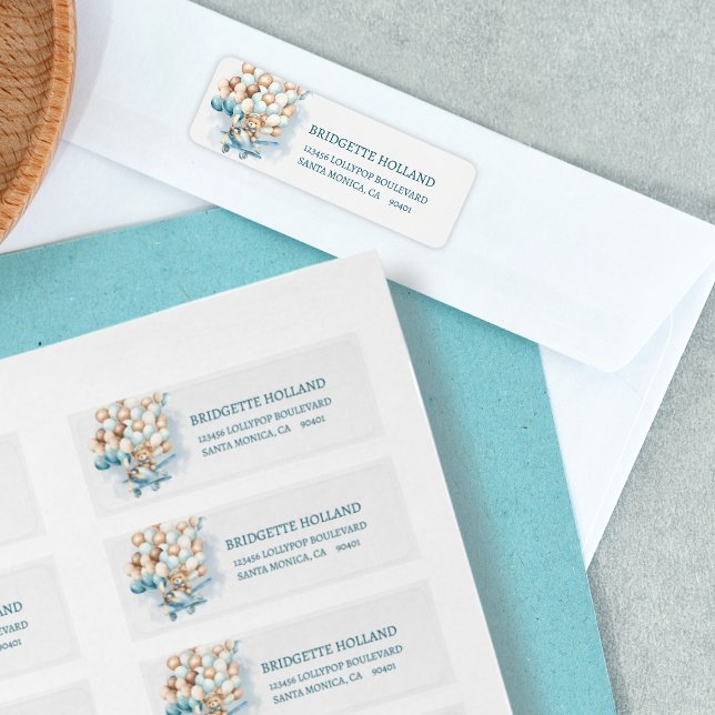 Etiqueta Podemos esperar globos azules Baby Shower (We can bearly wait address labels, baby shower, cute teddy bear, blue balloons)