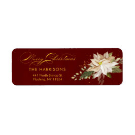 Etiqueta Poinsettia blanca y caligrafía navideña de Feliz