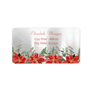 Etiqueta Poinsettia de acuarela de Navidad, plata