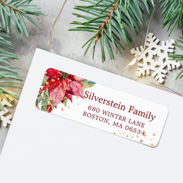 Etiqueta Poinsettia de Navidad Gold Splatter Dirección de d (Christmas Poinsettia Gold Splatter Return Address Label)