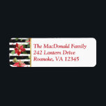 Etiqueta Poinsettias on Black, White Stripes Address Label<br><div class="desc">Black and white striped return address labels with red,  ivory and green poinsettias with greenery,  pine cones,  evergreen boughs,  and berries.</div>