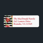 Etiqueta Poinsettias on Black, White Stripes Address Label<br><div class="desc">Black and white striped return address labels with red,  ivory and green poinsettias with greenery,  pine cones,  evergreen boughs,  and berries.</div>