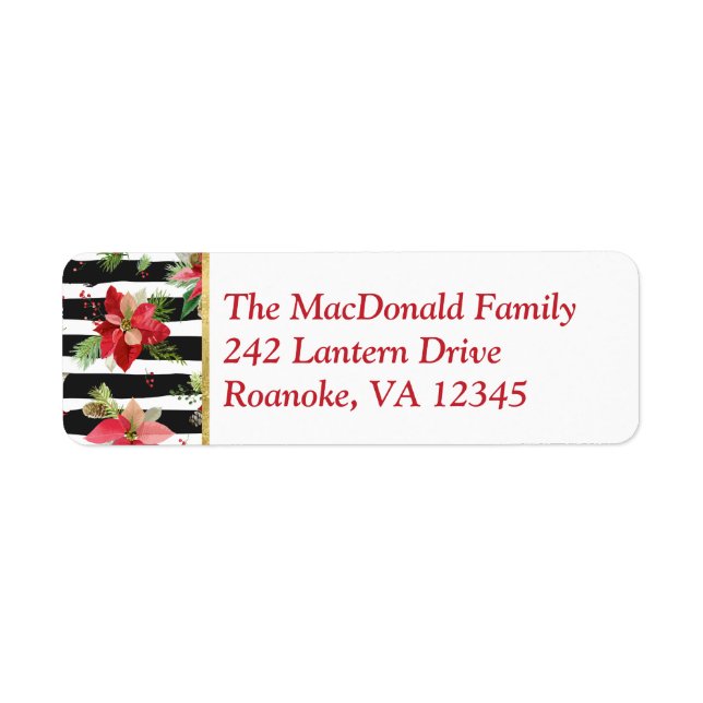 Etiqueta Poinsettias on Black, White Stripes Address Label (Frente)