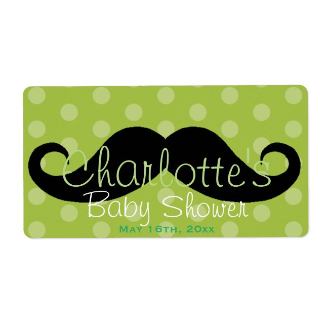 Etiqueta Polka Verde Dot Mustache Botella de agua Baby Show (Frente)