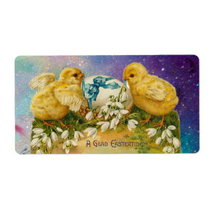 ETIQUETA POLLOS, FLORES, HUEVO ORIENTAL EN DERRAMES AZULES