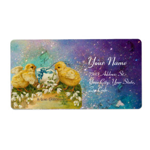 ETIQUETA POLLOS, FLORES, HUEVO ORIENTAL EN DERRAMES AZULES