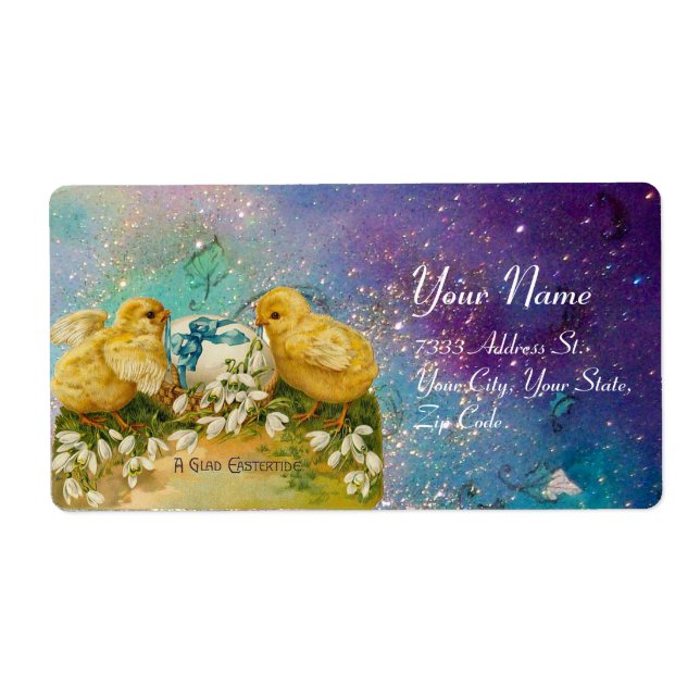 ETIQUETA POLLOS, FLORES, HUEVO ORIENTAL EN DERRAMES AZULES  (Frente)