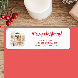 Etiqueta Pomerania acuarela en Santa Hat Feliz Navidad