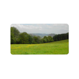Etiqueta Prado verde. Paisaje del campo