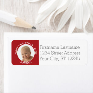 Etiqueta Primer año y nombre personalizado de foto navideña