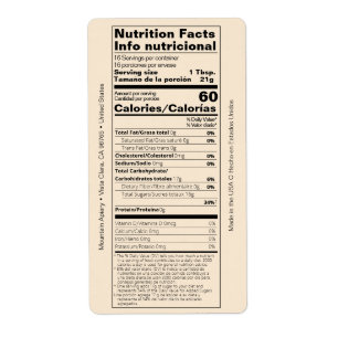 Etiqueta Producto de datos duales sobre nutrición de miel e