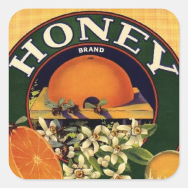 Etiqueta publicitaria de miel de época y naranjas (Anverso)