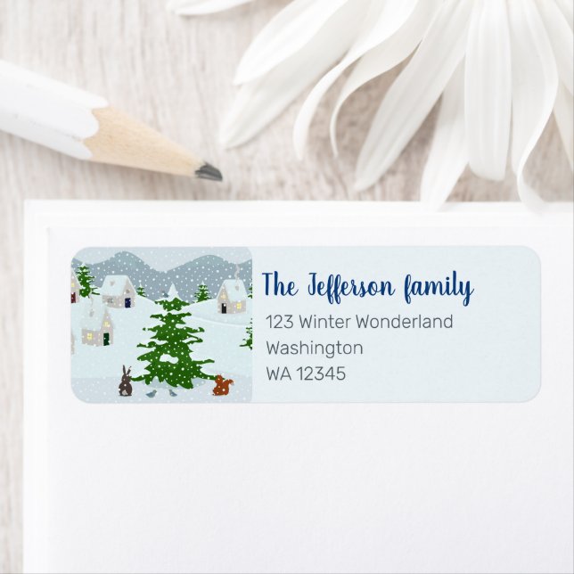 Etiqueta Pueblo invernal con nieve, conejo, ardilla y pino (In situ)