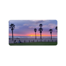 Etiqueta Puesta de sol en la playa púrpura