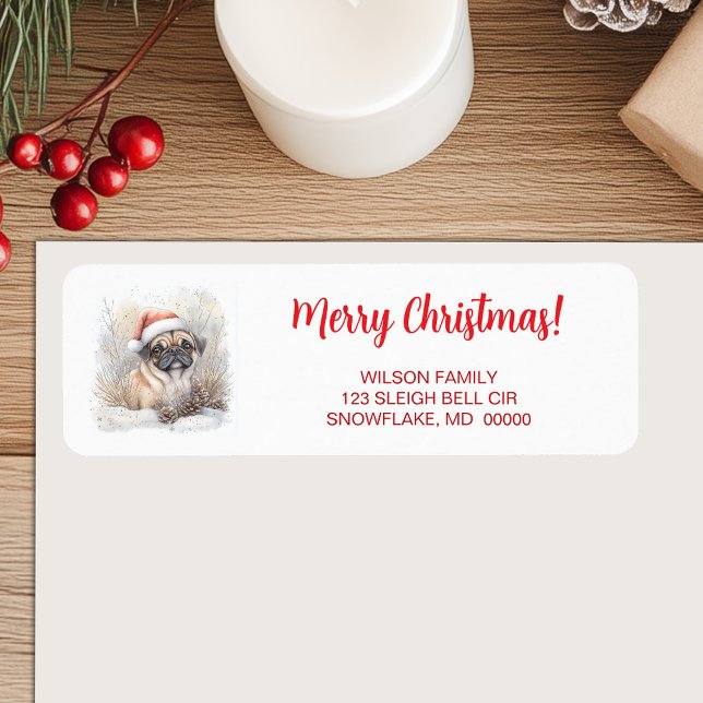 Etiqueta Pug acuarela en Santa Hat Regreso navideño (Watercolor Pug in Santa Hat Merry Christmas Return Label)