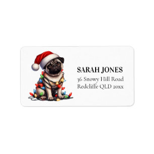 Etiqueta Pug Cute Watercolor Dog Navidades Deseos