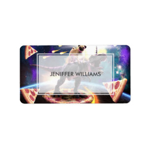 Etiqueta Pug montando dinosaurio unicornio en el espacio