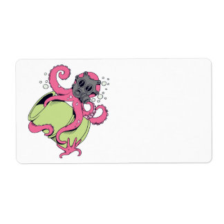 Etiqueta pulpo rosa usando máscara de gas