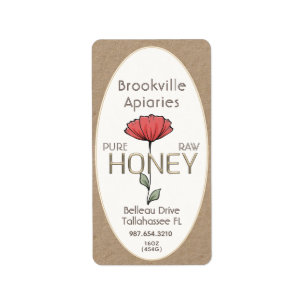 Etiqueta pura de miel cruda Kraft y marfil con flo