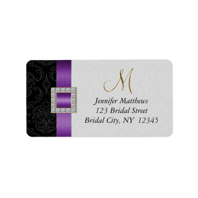 Etiqueta Purple Black Damask Gold Boda Inicial RSVP (Frente)
