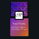 ETIQUETA PURPLE BLUE VIOLET BLACK DAMASK, SQUARE MONOGRAM<br><div class="desc">Elegant, classy and vibrant silk effect by Bulgan Lumini (c) .Easy to customize with your own text as a wedding favor tag label , rsvp , save-the-date, thank you labels , bridal showers, birthday parties: sweet 16, quinceanera, Bat Mitzvah , return address labels, , engagement showers, new birth, baby showers...</div>