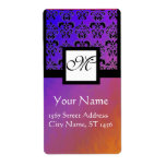 ETIQUETA PURPLE BLUE VIOLET BLACK DAMASK, SQUARE MONOGRAM<br><div class="desc">Elegant, classy and vibrant silk effect by Bulgan Lumini (c) .Easy to customize with your own text as a wedding favor tag label , rsvp , save-the-date, thank you labels , bridal showers, birthday parties: sweet 16, quinceanera, Bat Mitzvah , return address labels, , engagement showers, new birth, baby showers...</div>