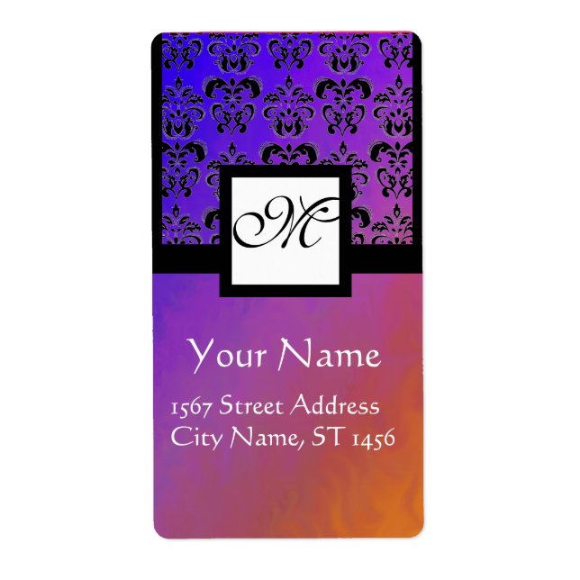 ETIQUETA PURPLE BLUE VIOLET BLACK DAMASK, SQUARE MONOGRAM (Frente)