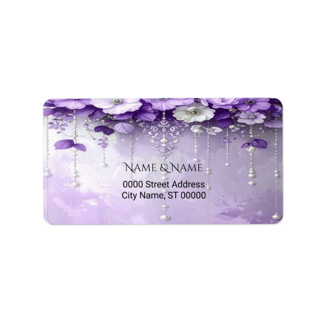 Etiqueta Purple Flowers with Dangling Pearls Address Label (Frente)