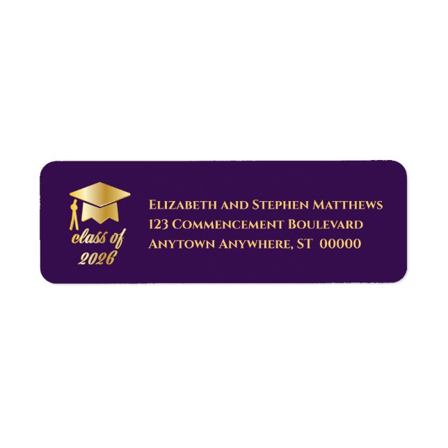 Etiqueta Purple | Gold Class of 2026 Graduation Cap Label (Frente)