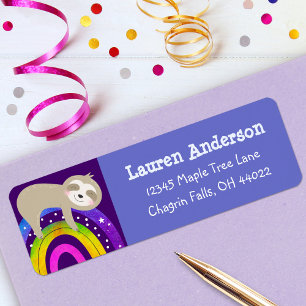 Etiqueta Purple Sloth Rainbow Cute Boho Dirección de cumple