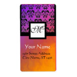 ETIQUETA PURPLE YELLOW VIOLET BLACK DAMASK, SQUARE MONOGRAM<br><div class="desc">Elegant, classy and vibrant silk effect by Bulgan Lumini (c) .Easy to customize with your own text as a wedding favor tag label , rsvp , save-the-date, thank you labels , bridal showers, birthday parties: sweet 16, quinceanera, Bat Mitzvah , return address labels, , engagement showers, new birth, baby showers...</div>
