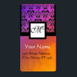 ETIQUETA PURPLE YELLOW VIOLET BLACK DAMASK, SQUARE MONOGRAM<br><div class="desc">Elegant, classy and vibrant silk effect by Bulgan Lumini (c) .Easy to customize with your own text as a wedding favor tag label , rsvp , save-the-date, thank you labels , bridal showers, birthday parties: sweet 16, quinceanera, Bat Mitzvah , return address labels, , engagement showers, new birth, baby showers...</div>