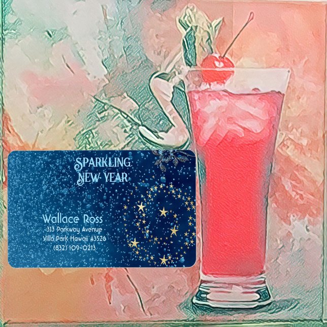 Etiqueta Purpurina de Año Nuevo esparcido azul Fiesta flora (Blue Sparkling New Year Glitter Stars Floral Party Label)